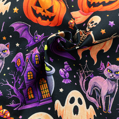 A seamless, repeating Halloween-themed pattern featuring a spooky black background crowded with a haunted purple house, a dancing skeleton, a boiling cauldron with green potion, smiling jack-o'-lantern pumpkins, friendly ghosts, a purple witch hat, a purple cat, flying bats, spiders, spiderwebs, candy, and colourful stars.