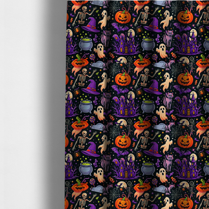 The fabric used to create these made-to-measure curtains is a seamless, repeating Halloween-themed pattern featuring a spooky black background crowded with a haunted purple house, a dancing skeleton, a boiling cauldron with green potion, smiling jack-o'-lantern pumpkins, friendly ghosts, a purple witch hat, a purple cat, flying bats, spiders, spiderwebs, candy, and colourful stars.