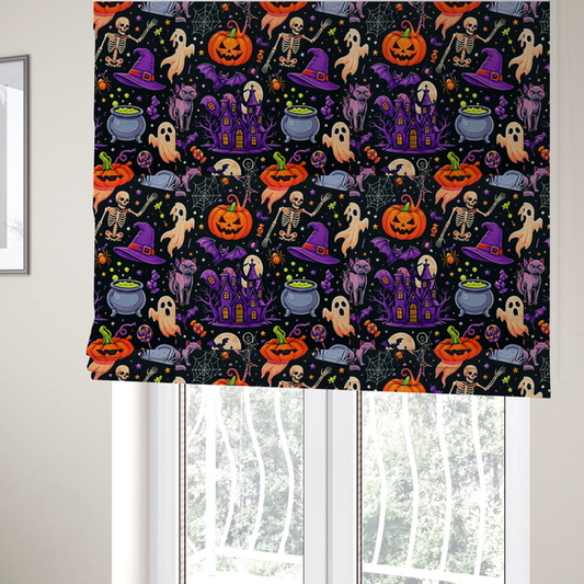 The fabric used to create these Roman blinds is a seamless, repeating Halloween-themed pattern featuring a spooky black background crowded with a haunted purple house, a dancing skeleton, a boiling cauldron with green potion, smiling jack-o'-lantern pumpkins, friendly ghosts, a purple witch hat, a purple cat, flying bats, spiders, spiderwebs, candy, and colourful stars.