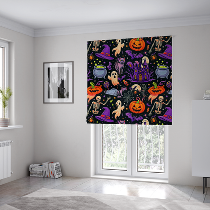 The fabric used to create these Roman blinds is a seamless, repeating Halloween-themed pattern featuring a spooky black background crowded with a haunted purple house, a dancing skeleton, a boiling cauldron with green potion, smiling jack-o'-lantern pumpkins, friendly ghosts, a purple witch hat, a purple cat, flying bats, spiders, spiderwebs, candy, and colourful stars.