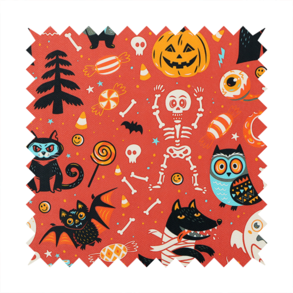 A seamless, repeating Halloween-themed pattern featuring a vibrant red-orange background filled with a dancing skeleton, vampires, a mummified dog, a blue owl, black cats, a flying bat, ghosts, a jack-o'-lantern, candy, skulls, trees, and whimsical monsters.