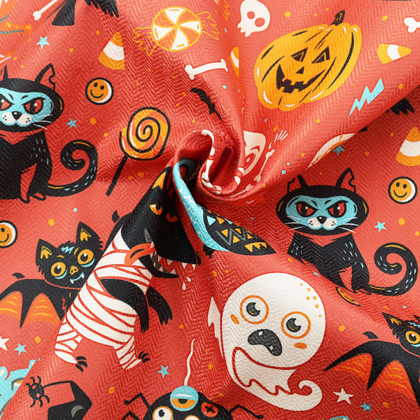 A seamless, repeating Halloween-themed pattern featuring a vibrant red-orange background filled with a dancing skeleton, vampires, a mummified dog, a blue owl, black cats, a flying bat, ghosts, a jack-o'-lantern, candy, skulls, trees, and whimsical monsters.