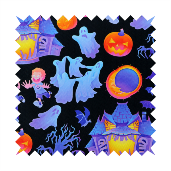 A seamless, repeating Halloween-themed pattern featuring a black background filled with glowing blue haunted houses, flying ghosts, orange jack-o'-lanterns, gnarled trees, bats, a crescent moon, and fleeing children.