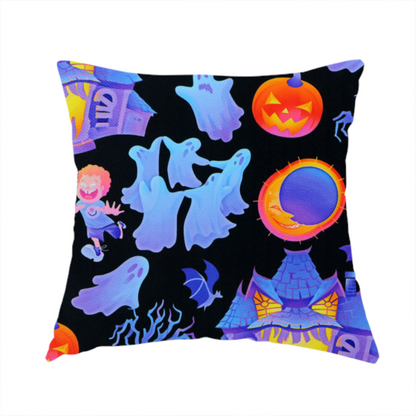 The fabric used to create this handmade cushion is a seamless, repeating Halloween-themed pattern featuring a black background filled with glowing blue haunted houses, flying ghosts, orange jack-o'-lanterns, gnarled trees, bats, a crescent moon, and fleeing children.