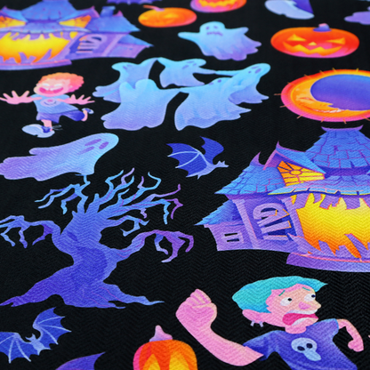 A seamless, repeating Halloween-themed pattern featuring a black background filled with glowing blue haunted houses, flying ghosts, orange jack-o'-lanterns, gnarled trees, bats, a crescent moon, and fleeing children.