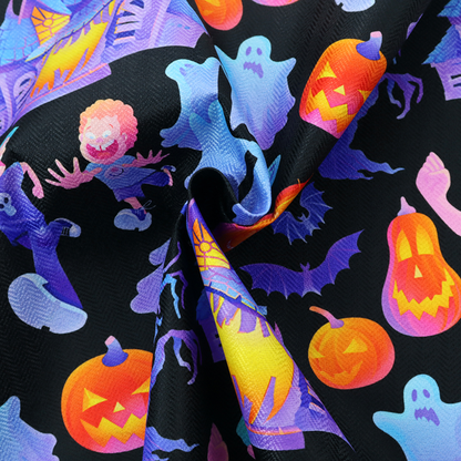 A seamless, repeating Halloween-themed pattern featuring a black background filled with glowing blue haunted houses, flying ghosts, orange jack-o'-lanterns, gnarled trees, bats, a crescent moon, and fleeing children.