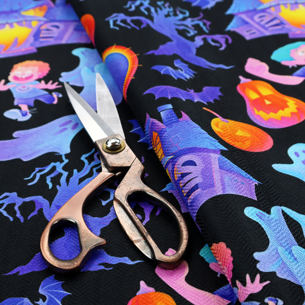A seamless, repeating Halloween-themed pattern featuring a black background filled with glowing blue haunted houses, flying ghosts, orange jack-o'-lanterns, gnarled trees, bats, a crescent moon, and fleeing children.