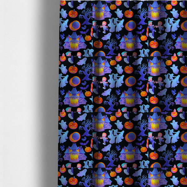 The fabric used to create these made-to-measure curtains is a seamless, repeating Halloween-themed pattern featuring a black background filled with glowing blue haunted houses, flying ghosts, orange jack-o'-lanterns, gnarled trees, bats, a crescent moon, and fleeing children.
