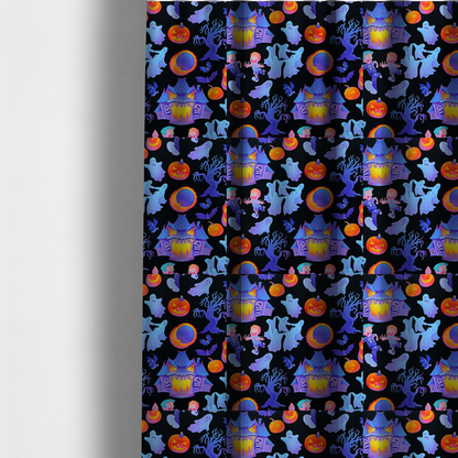 The fabric used to create these made-to-measure curtains is a seamless, repeating Halloween-themed pattern featuring a black background filled with glowing blue haunted houses, flying ghosts, orange jack-o'-lanterns, gnarled trees, bats, a crescent moon, and fleeing children.