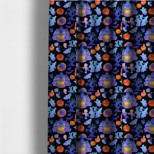 The fabric used to create these made-to-measure curtains is a seamless, repeating Halloween-themed pattern featuring a black background filled with glowing blue haunted houses, flying ghosts, orange jack-o'-lanterns, gnarled trees, bats, a crescent moon, and fleeing children.