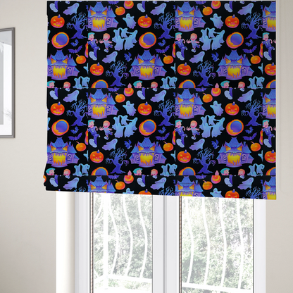 The fabric used to create these Roman blinds is a seamless, repeating Halloween-themed pattern featuring a black background filled with glowing blue haunted houses, flying ghosts, orange jack-o'-lanterns, gnarled trees, bats, a crescent moon, and fleeing children.