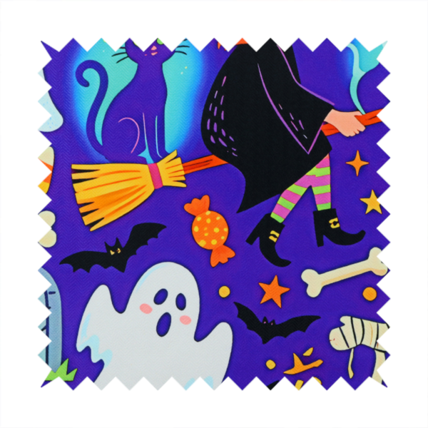 A seamless, repeating Halloween-themed pattern featuring a vibrant purple background filled with a witch riding a broomstick with a black cat, a mummified figure, ghosts, bats, a tombstone, bones, candy, and stars.
