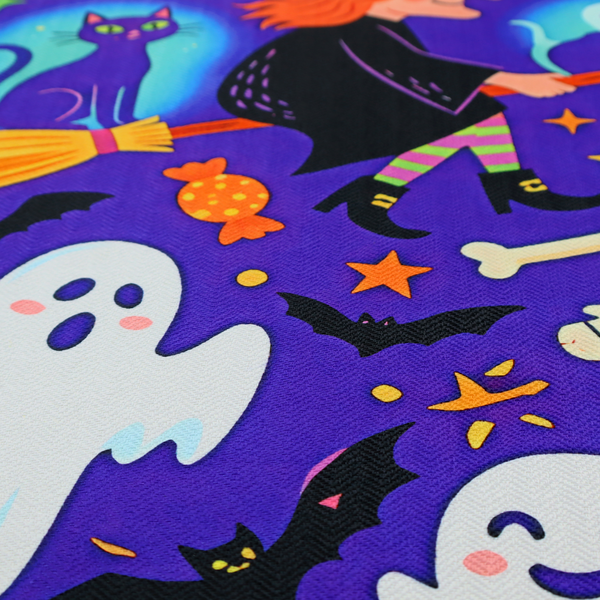 A seamless, repeating Halloween-themed pattern featuring a vibrant purple background filled with a witch riding a broomstick with a black cat, a mummified figure, ghosts, bats, a tombstone, bones, candy, and stars.