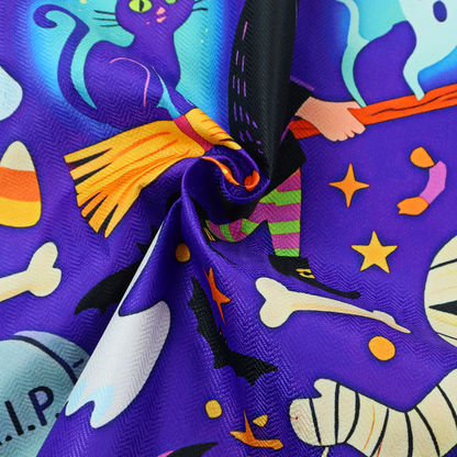 A seamless, repeating Halloween-themed pattern featuring a vibrant purple background filled with a witch riding a broomstick with a black cat, a mummified figure, ghosts, bats, a tombstone, bones, candy, and stars.