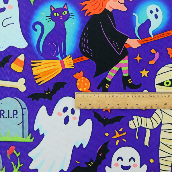A seamless, repeating Halloween-themed pattern featuring a vibrant purple background filled with a witch riding a broomstick with a black cat, a mummified figure, ghosts, bats, a tombstone, bones, candy, and stars.