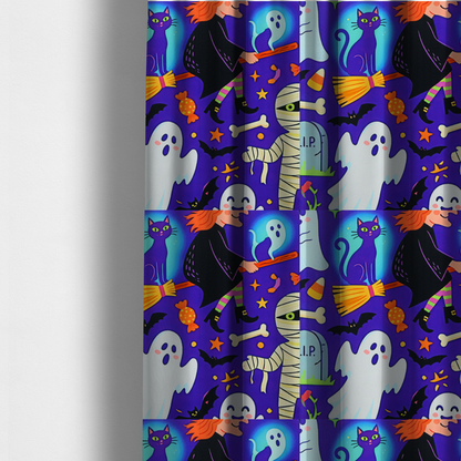 The fabric used to create these made-to-measure curtains is a seamless, repeating Halloween-themed pattern featuring a vibrant purple background filled with a witch riding a broomstick with a black cat, a mummified figure, ghosts, bats, a tombstone, bones, candy, and stars.