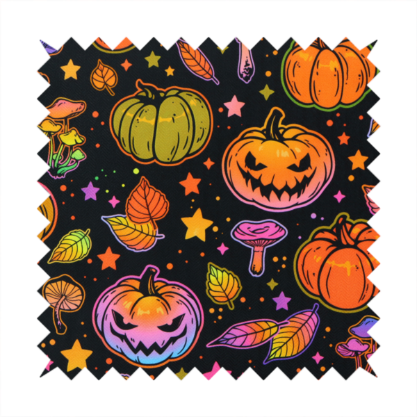 A seamless, repeating Halloween and autumn-themed pattern featuring a black background filled with colourful carved jack-o'-lanterns, pumpkins, mushrooms, autumn leaves, and glowing stars.