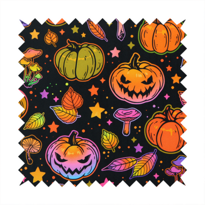A seamless, repeating Halloween and autumn-themed pattern featuring a black background filled with colourful carved jack-o'-lanterns, pumpkins, mushrooms, autumn leaves, and glowing stars.