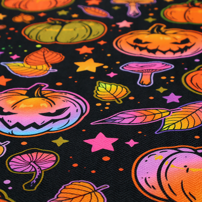 A seamless, repeating Halloween and autumn-themed pattern featuring a black background filled with colourful carved jack-o'-lanterns, pumpkins, mushrooms, autumn leaves, and glowing stars.
