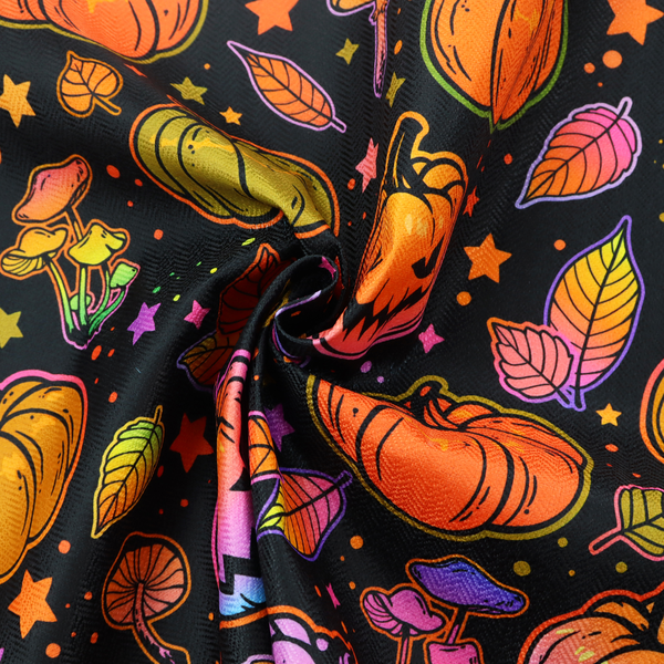 A seamless, repeating Halloween and autumn-themed pattern featuring a black background filled with colourful carved jack-o'-lanterns, pumpkins, mushrooms, autumn leaves, and glowing stars.