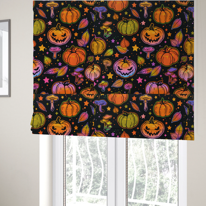 The fabric used to create these Roman blinds is a seamless, repeating Halloween and autumn-themed pattern featuring a black background filled with colourful carved jack-o'-lanterns, pumpkins, mushrooms, autumn leaves, and glowing stars.