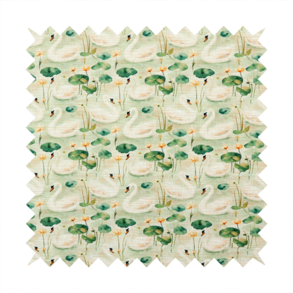 Watercolour Swans, Lotus Pads, and Sage Tapestry Fabric.
