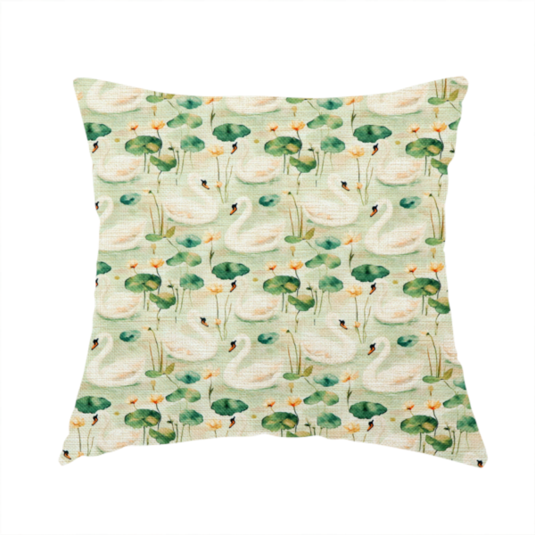The fabric used to create this handmade cushion is of watercolour Swans, Lotus Pads, and Sage Tapestry Fabric.