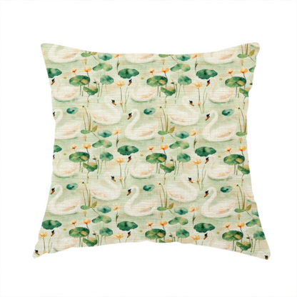 The fabric used to create this handmade cushion is of watercolour Swans, Lotus Pads, and Sage Tapestry Fabric.