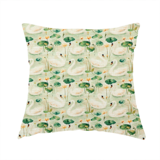 The fabric used to create this handmade cushion is of watercolour Swans, Lotus Pads, and Sage Tapestry Fabric.