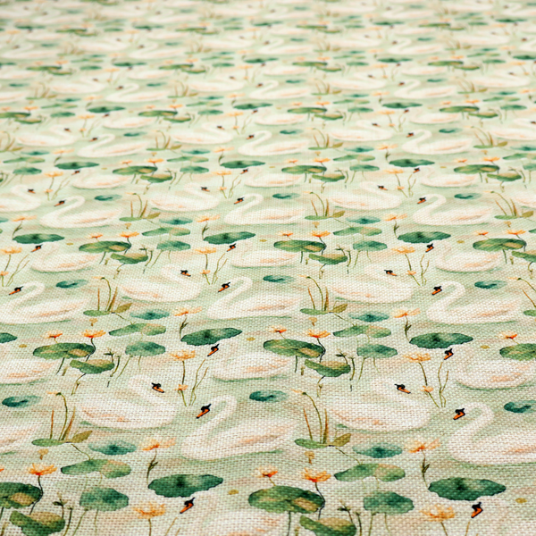 Watercolour Swans, Lotus Pads, and Sage Tapestry Fabric.