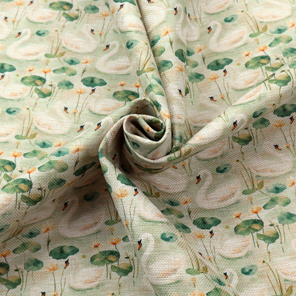 Watercolour Swans, Lotus Pads, and Sage Tapestry Fabric.