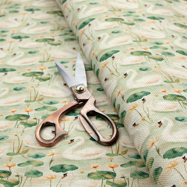 Watercolour Swans, Lotus Pads, and Sage Tapestry Fabric.