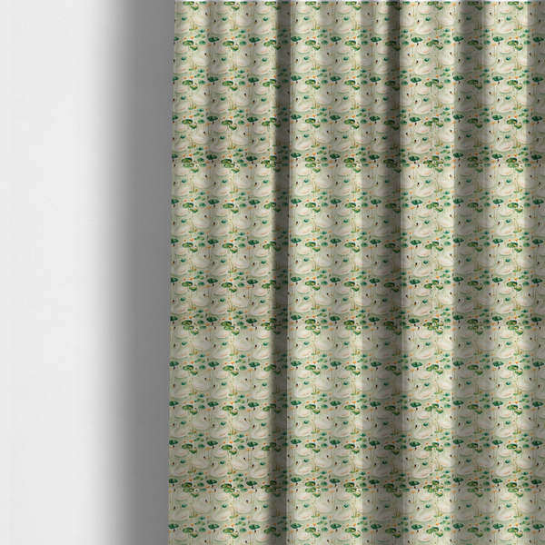 The fabric used to create these made-to-measure curtains is of watercolour Swans, Lotus Pads, and Sage Tapestry Fabric.