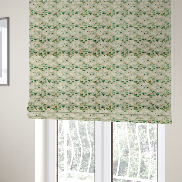 The fabric used to create these Roman blinds is of watercolour Swans, Lotus Pads, and Sage Tapestry Fabric.