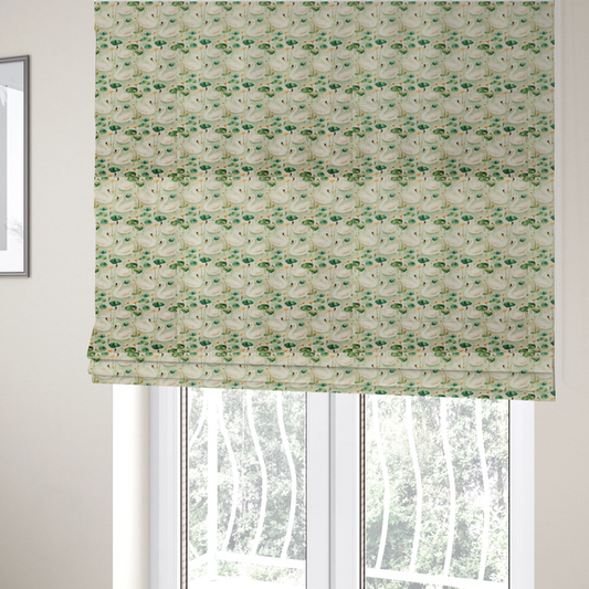 The fabric used to create these Roman blinds is of watercolour Swans, Lotus Pads, and Sage Tapestry Fabric.