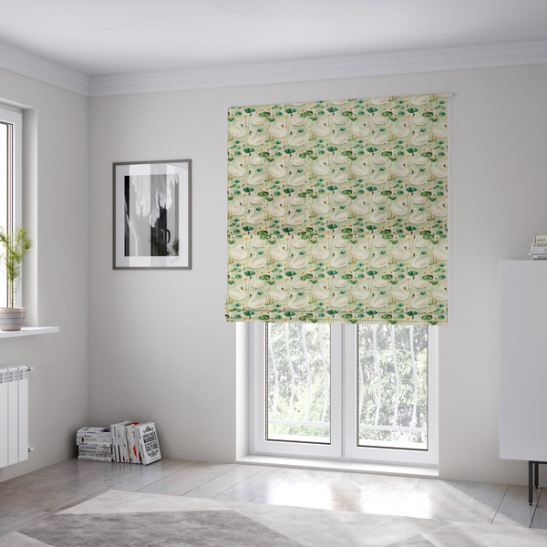 The fabric used to create these Roman blinds is of watercolour Swans, Lotus Pads, and Sage Tapestry Fabric.