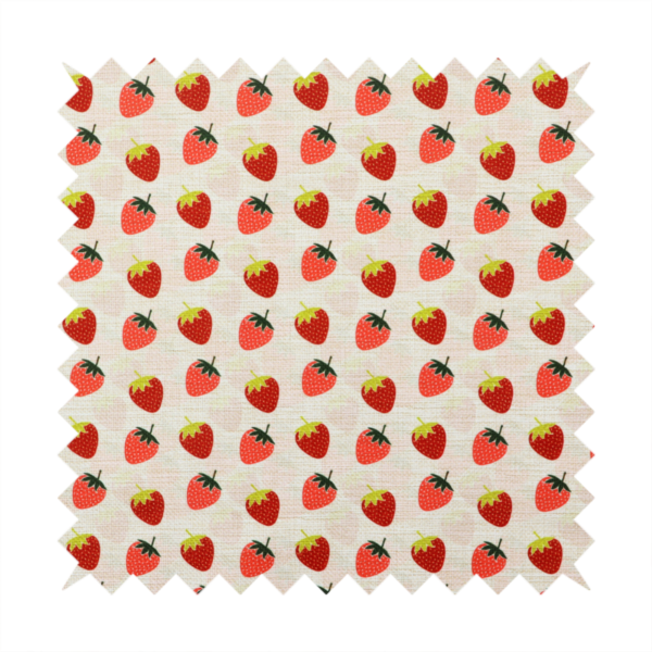 A repeating pattern of small, red strawberries with green stems and leaves, set against a light-toned, textured background with a subtle checked design.