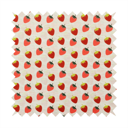A repeating pattern of small, red strawberries with green stems and leaves, set against a light-toned, textured background with a subtle checked design.