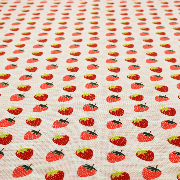 A repeating pattern of small, red strawberries with green stems and leaves, set against a light-toned, textured background with a subtle checked design.