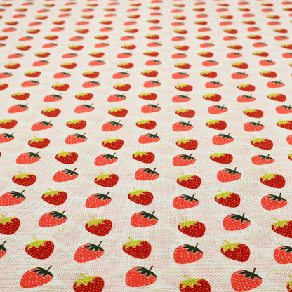 A repeating pattern of small, red strawberries with green stems and leaves, set against a light-toned, textured background with a subtle checked design.