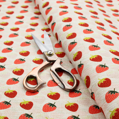 A repeating pattern of small, red strawberries with green stems and leaves, set against a light-toned, textured background with a subtle checked design.