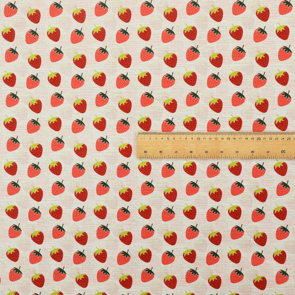 A repeating pattern of small, red strawberries with green stems and leaves, set against a light-toned, textured background with a subtle checked design.