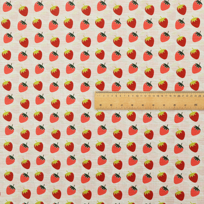 A repeating pattern of small, red strawberries with green stems and leaves, set against a light-toned, textured background with a subtle checked design.