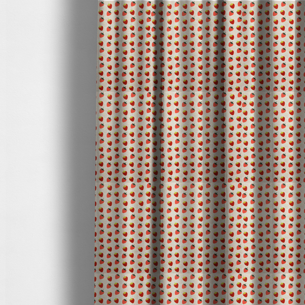 The fabric used to create these made-to-measure curtains is a repeating pattern of small, red strawberries with green stems and leaves, set against a light-toned, textured background with a subtle checked design.