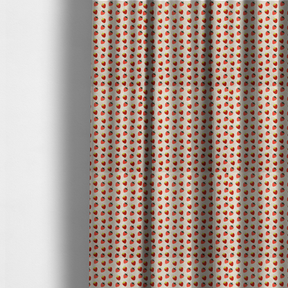 The fabric used to create these made-to-measure curtains is a repeating pattern of small, red strawberries with green stems and leaves, set against a light-toned, textured background with a subtle checked design.