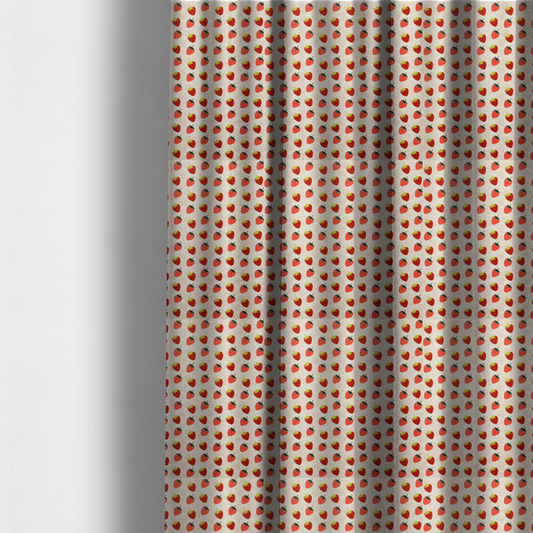 The fabric used to create these made-to-measure curtains is a repeating pattern of small, red strawberries with green stems and leaves, set against a light-toned, textured background with a subtle checked design.
