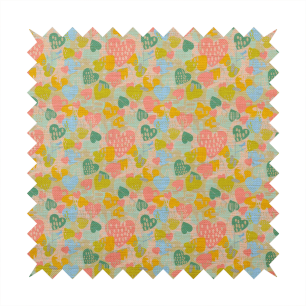A colourful repeating pattern of overlapping hearts in shades of pink, teal, yellow, and blue, set against a textured background.