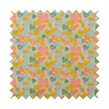 A colourful repeating pattern of overlapping hearts in shades of pink, teal, yellow, and blue, set against a textured background.