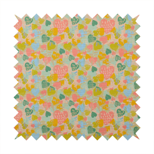 A colourful repeating pattern of overlapping hearts in shades of pink, teal, yellow, and blue, set against a textured background.