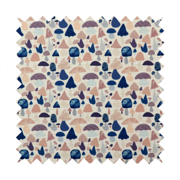 A repeating pattern of various stylized mushrooms in shades of blue, purple, and tan, set against a light-toned, textured background.